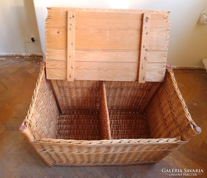 Large old hand-woven cane chest, basket, storage with wooden lid, divided space