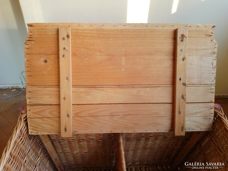 Large old hand-woven cane chest, basket, storage with wooden lid, divided space