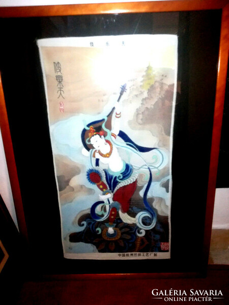 White tara - old Buddhist woven textile picture framed 74 x 52 cm - art&decoration