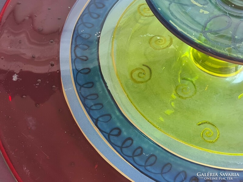 Art deco színes festett üveg tortatál, kínáló, asztalközép