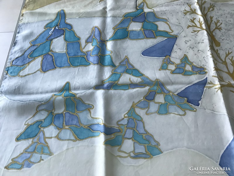 Hand-painted, winter landscape silk scarf, signed