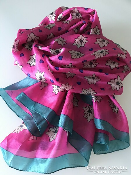 Huge silk scarf in fuchsia base color with small beige flowers, 180 x 115 cm!
