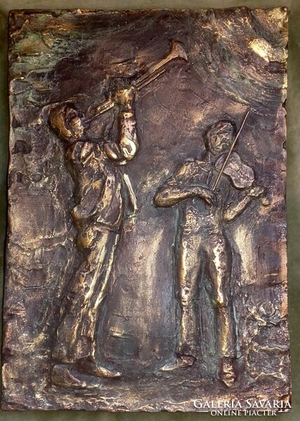 R. Törley Mária (1950): Zenélő fiúk. Music boys. 30x21cm-es dombormű ritkaság.