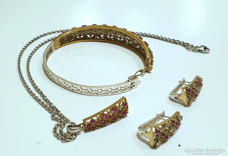 Aranyozott ezüst (925) női ékszerszett, karperec, fülbevaló, lánc medállal