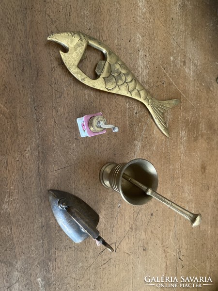 Small copper objects grinder, mortar, iron, fish bottle opener