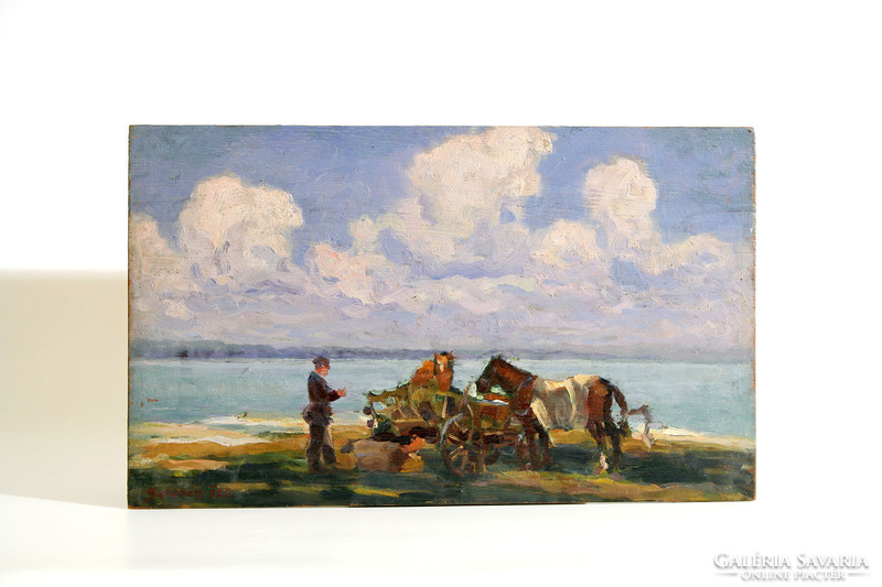 Bosznay István (1868-1944) - Balaton 1920. Olaj Fa 26x42cm