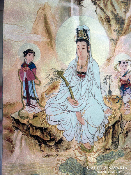 FEHÉR TARA  BUDDHISTA  selyembrokát   TEXTILKÉP THANGKA -aranyszállal átszőtt