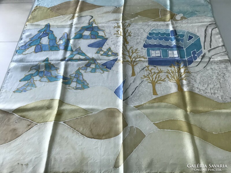 Hand-painted, winter landscape silk scarf, signed