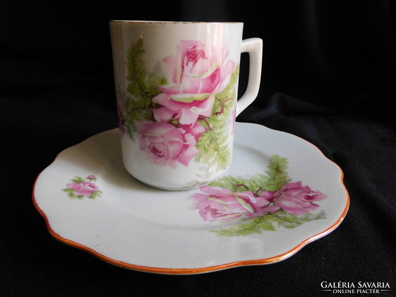 Antique Zsolnay rose pattern breakfast set - mug with small plate