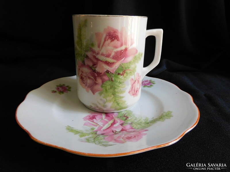 Antique Zsolnay rose pattern breakfast set - mug with small plate
