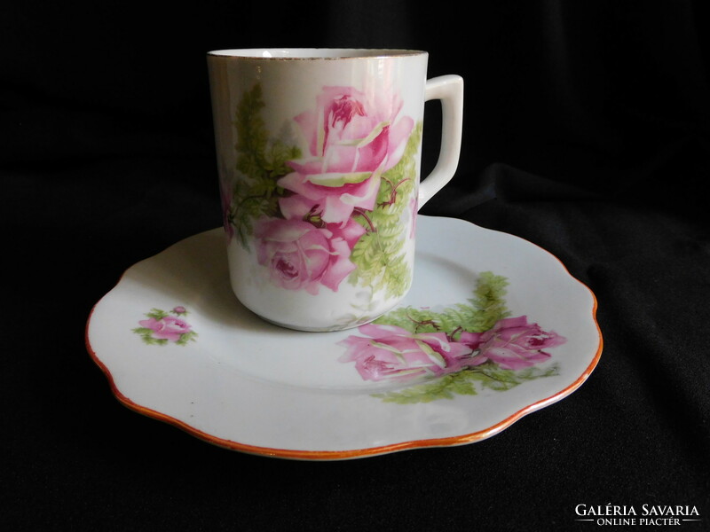 Antique Zsolnay rose pattern breakfast set - mug with small plate