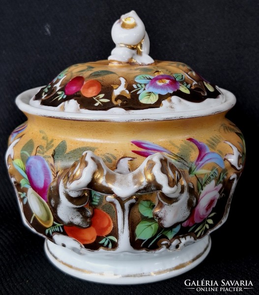 DT/287. Antik, kézzel festett, bieder stílusú, Thun (Klösterle) porcelán kiöntő/kanna és cukortartó