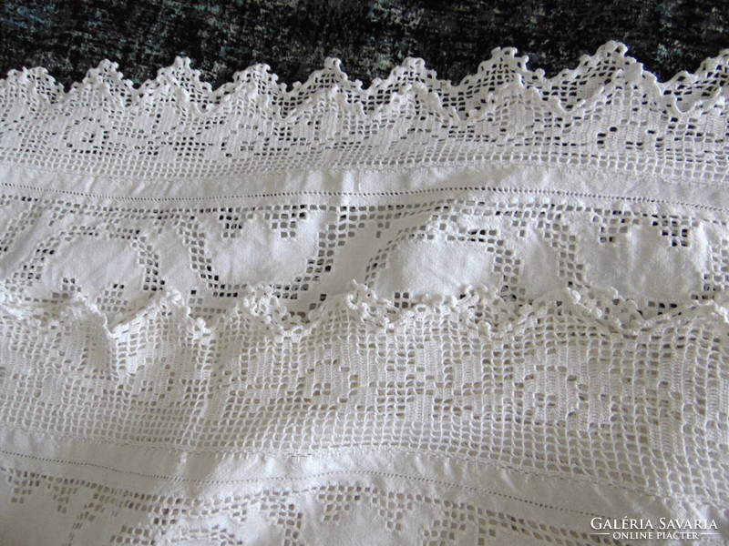 Antique linen Transylvanian tablecloth with cut and crocheted inserts