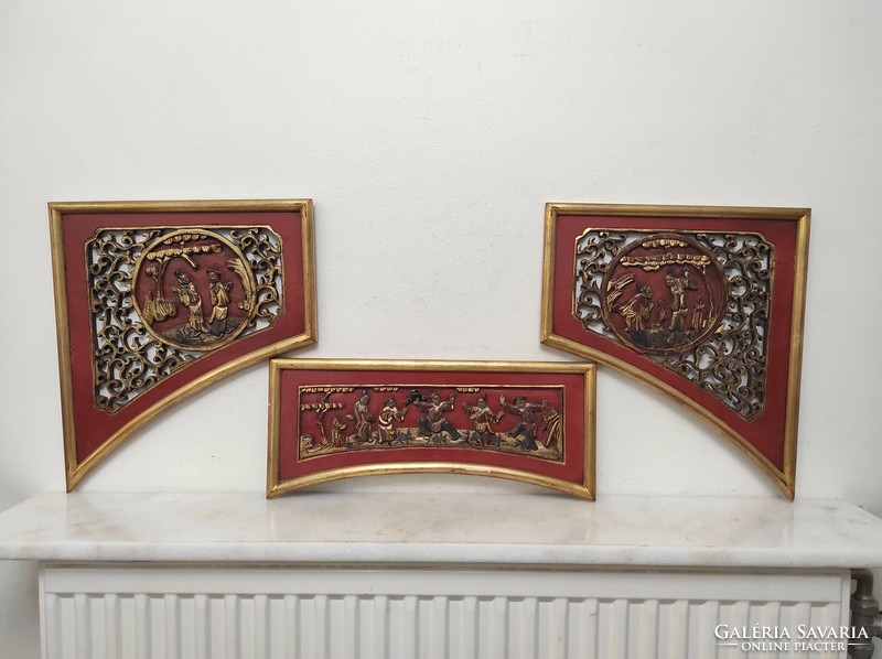 Antique patina carved figural gilded 3-piece arch wall picture Chinese furniture inlay 577 7487