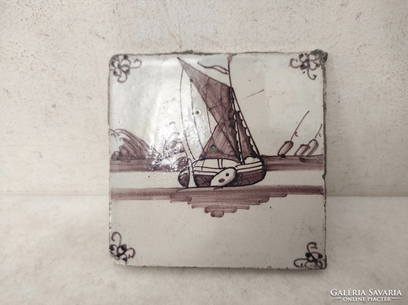 Antique Delft tile 18th century brown sailing ship motif delft 558 7520