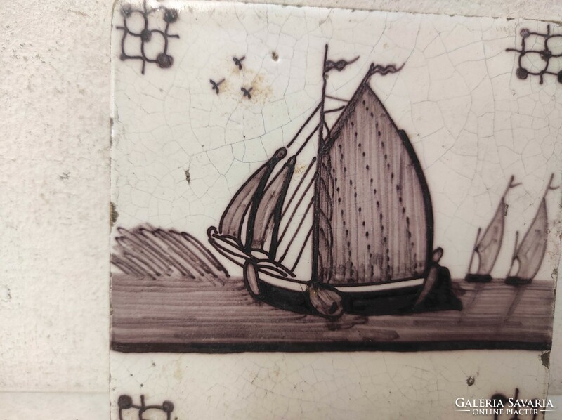 Antik delfti csempe 18-19. század barna vitorlás hajó Delft 556 7517