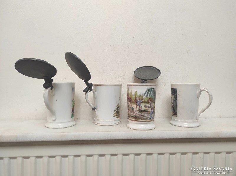 Anti kitchen tool Biedermeier porcelain cup 4 pieces with tin lid toy motif 588 7575