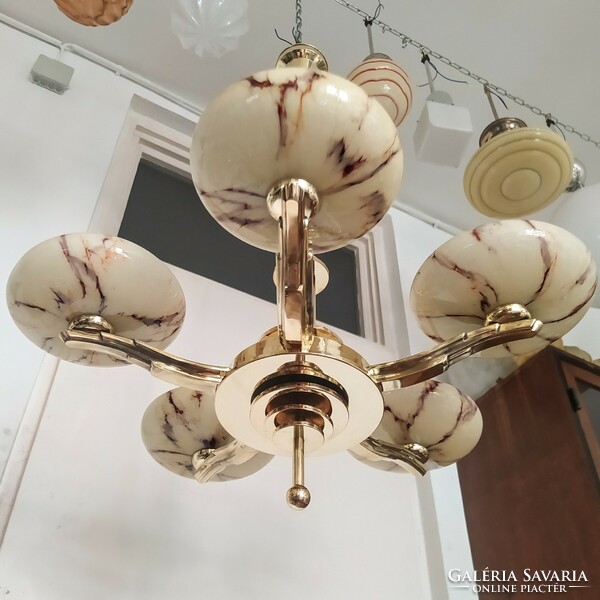 Art deco - streamlined 5-arm copper chandelier with renovated marbled shades