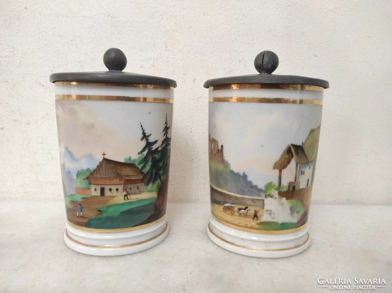 Anti konyhai eszköz biedermeier porcelán csésze 2 darab ón fedővel tájkép motívum 588 7576