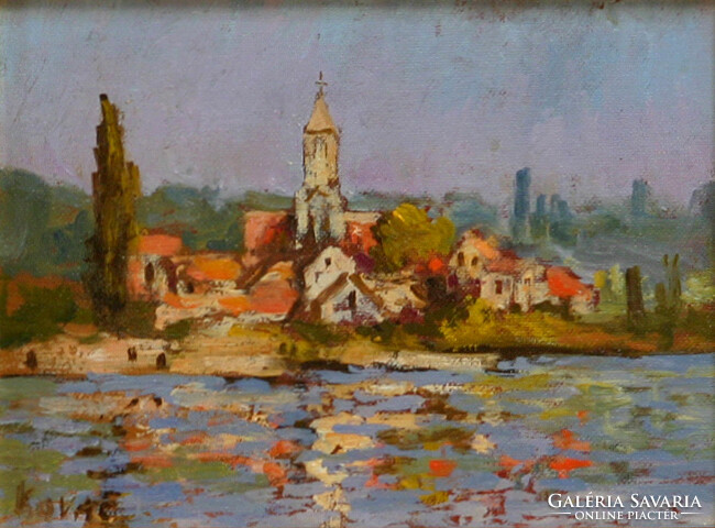 Sándor Kovács: Coastal city - with frame 23x28 cm - artwork: 15x20 cm - 209/266