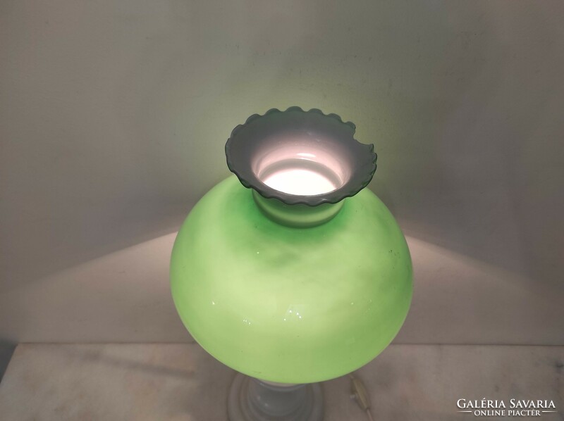 Antik asztali lámpa tejüveg test zöld üveg búrával sérült 590 7600