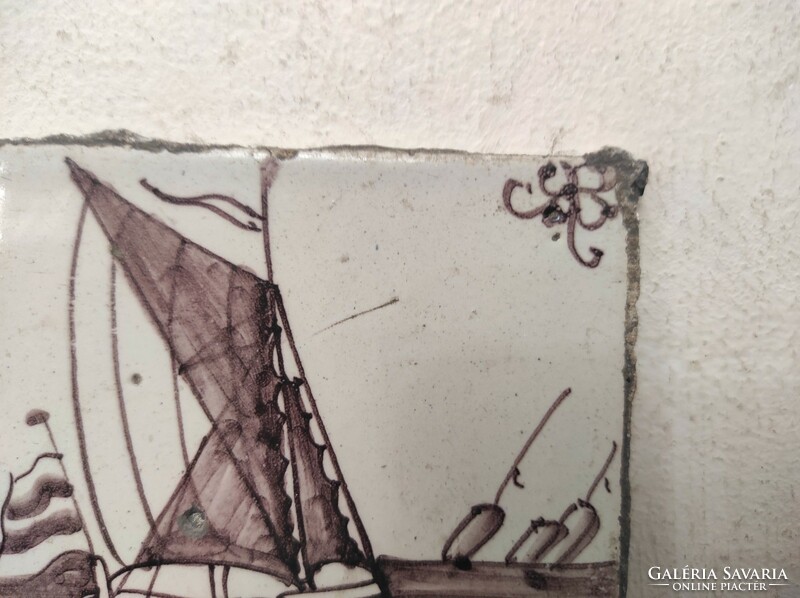 Antik delfti csempe 18. század barna viotorlás hajó motívum Delft 558 7520