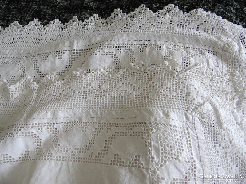 Antique linen Transylvanian tablecloth with cut and crocheted inserts