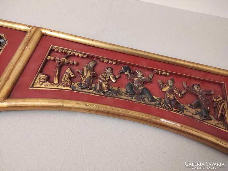Antik patinás faragott figurális aranyozott 3 darab boltív falikép kínai bútor berakás 577 7487