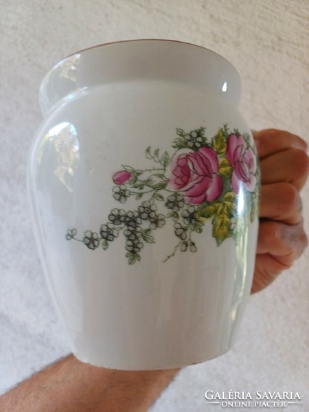 Antique belly mug with large flower pattern, rose decoration.