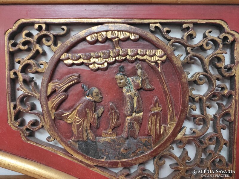 Antik patinás faragott figurális aranyozott 3 darab boltív falikép kínai bútor berakás 577 7487