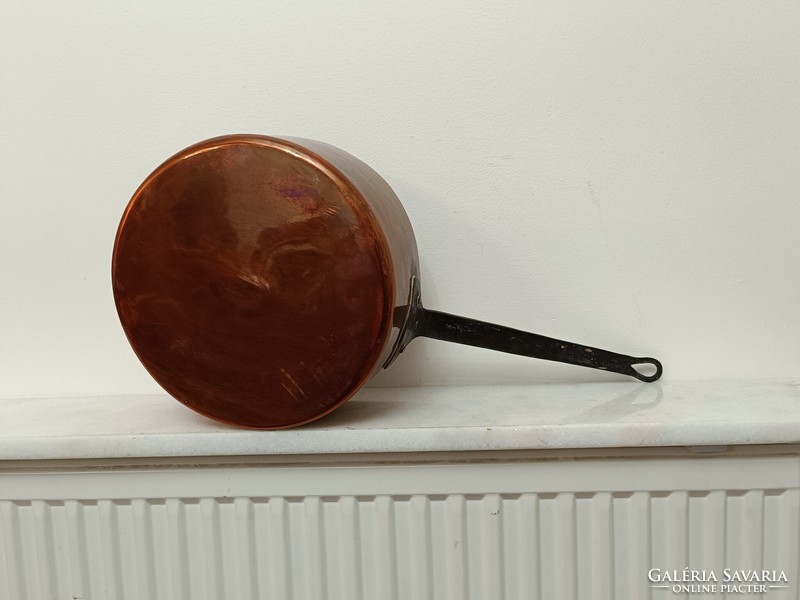 Antique tinned kitchen tool red copper pan with large handle and iron leg with dent 977 7639