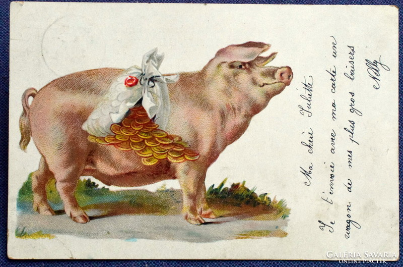 Antique greeting litho postcard good wishes lucky pig sack of gold money