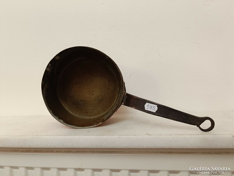 Antique tinned kitchen tool red copper pan with large handle and iron leg with dent 975 7637