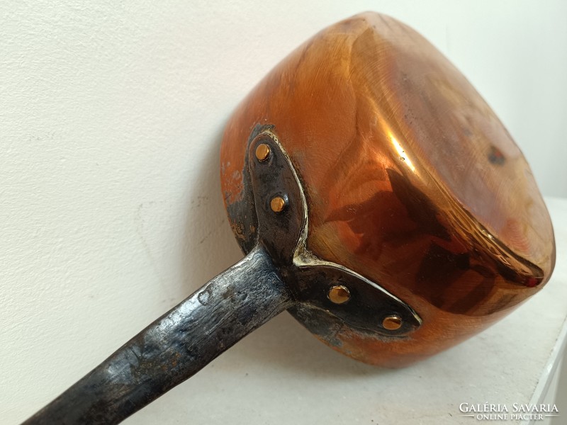 Antique tinned kitchen tool red copper pan with large handle and iron leg with dent 974 7636