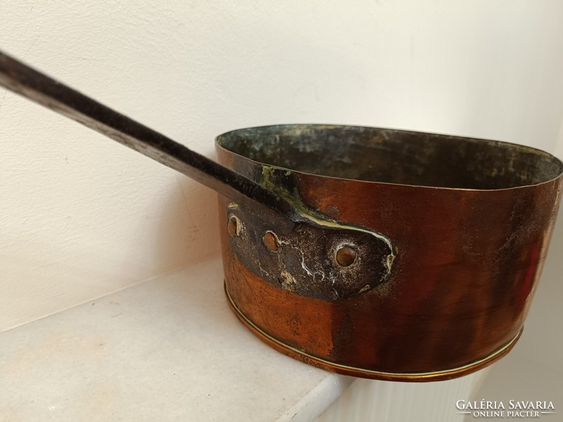 Antique tinned kitchen tool red copper pan with large handle and iron leg with dent 967 7629
