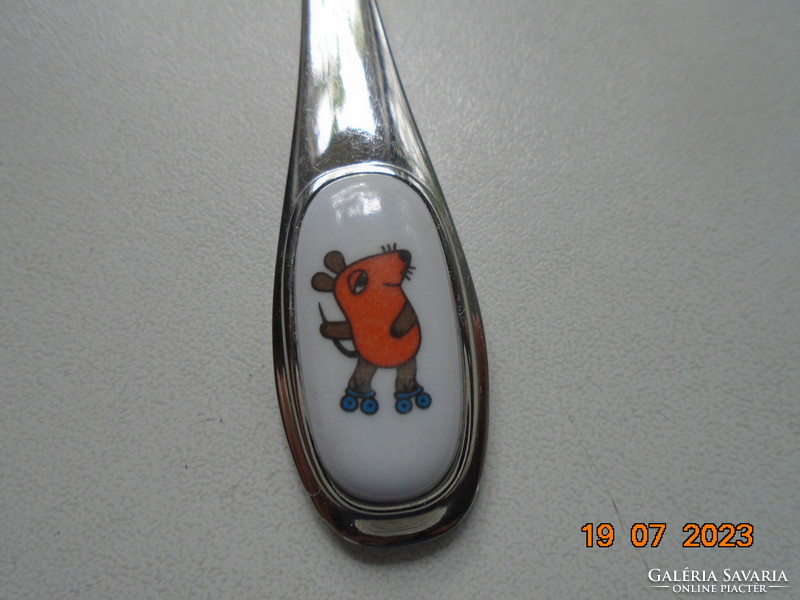 Mouse with roller skates with porcelain insert, antique baby feeding spoon wmf cromargan marked