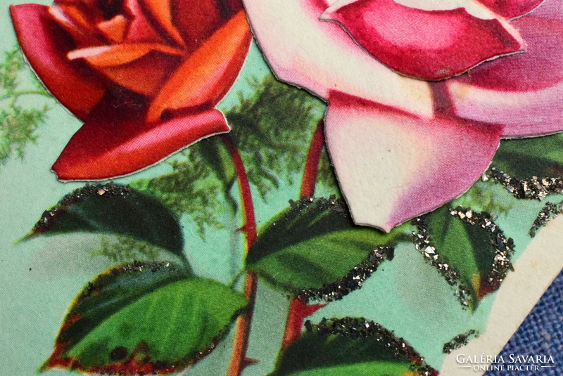 Art deco glitteres dekupázs képeslap rózsa