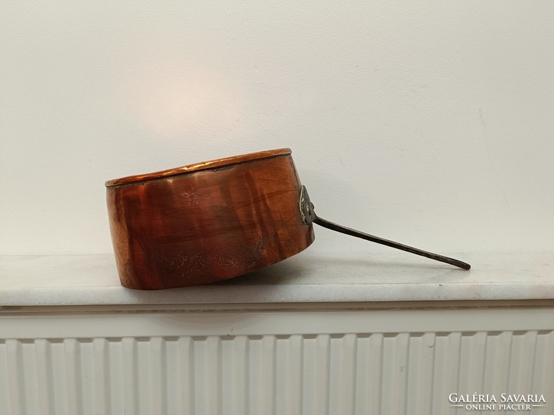 Antique tinned kitchen tool red copper pan with large handle and iron leg with dent 967 7629