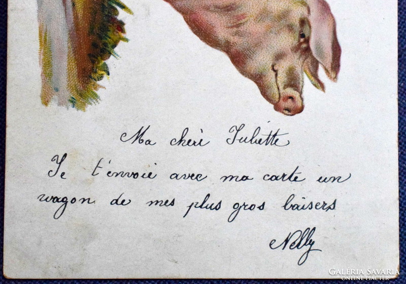 Antique greeting litho postcard good wishes lucky pig sack of gold money