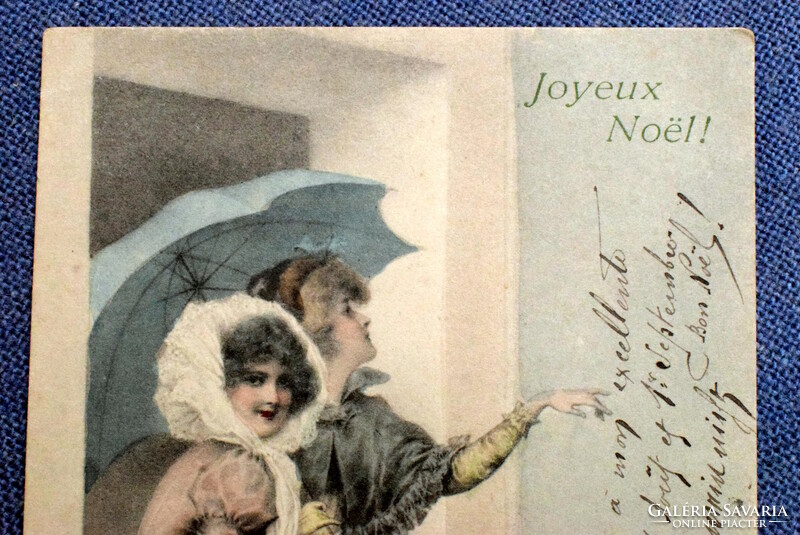Antik MM Vienne Wichera Karácsonyi üdvözlő képeslap hölgyek ernyővel kutyus