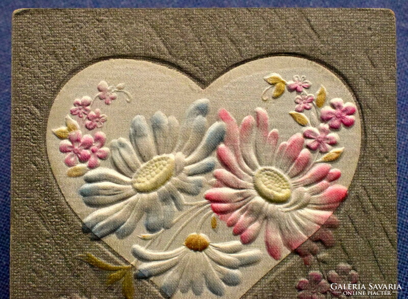 Antique embossed New Year greeting card painted satin heart flowers