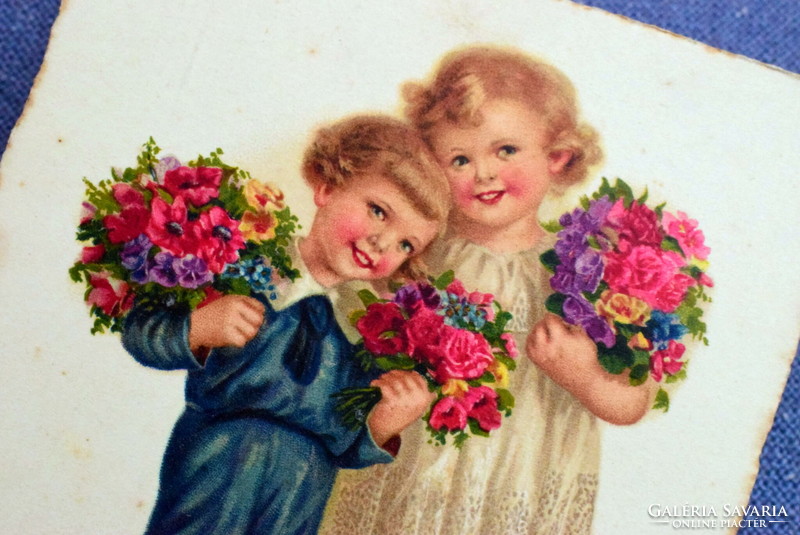 Art deco grafikus üdvözlő litho képeslap gyerekek rózsacsokor