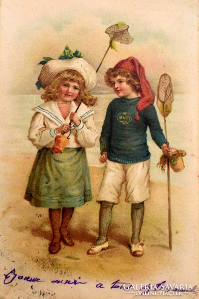 Antik üdvözlő litho képeslap gyerekek tengerparton halász háló matróz ruha