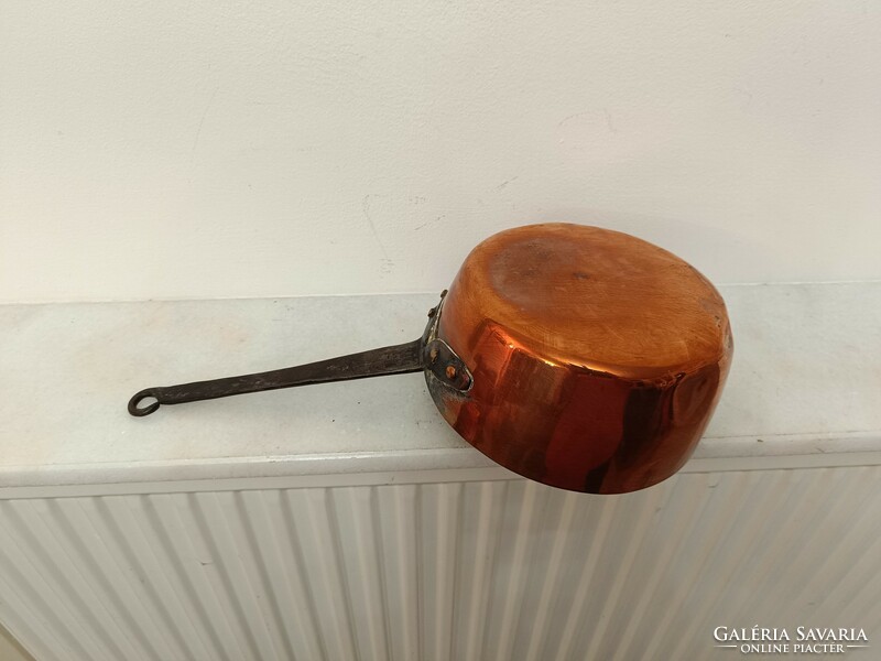 Antique tinned kitchen tool red copper pan with large handle and iron leg with dent 974 7636