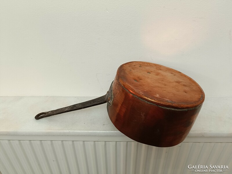 Antique tinned kitchen tool red copper pan with large handle and iron leg with dent 967 7629