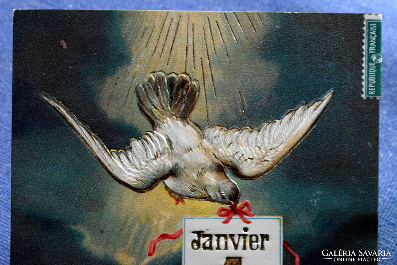 Antik dombornyomott Újévi üdvözlő  képeslap galamb levél éjszaka téli táj