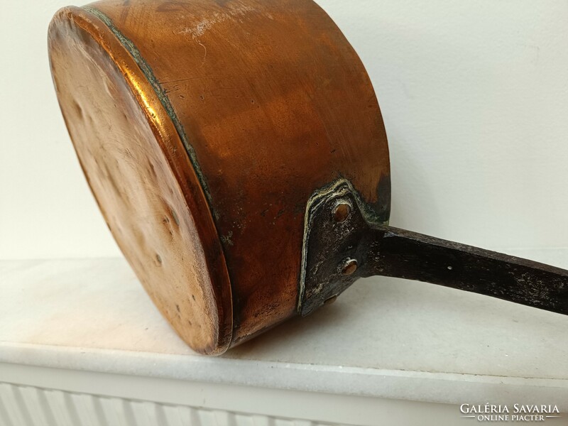 Antique tinned kitchen tool red copper pan with large handle and iron leg with dent 967 7629