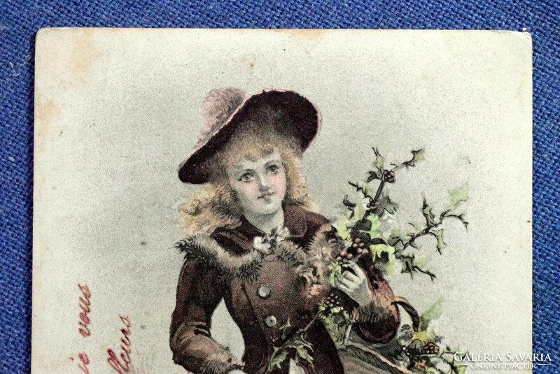 Antique a&m b greeting card girl with holly branch