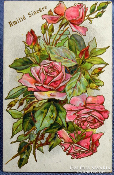 Antik dombornyomott üdvözlő  képeslap  rózsa