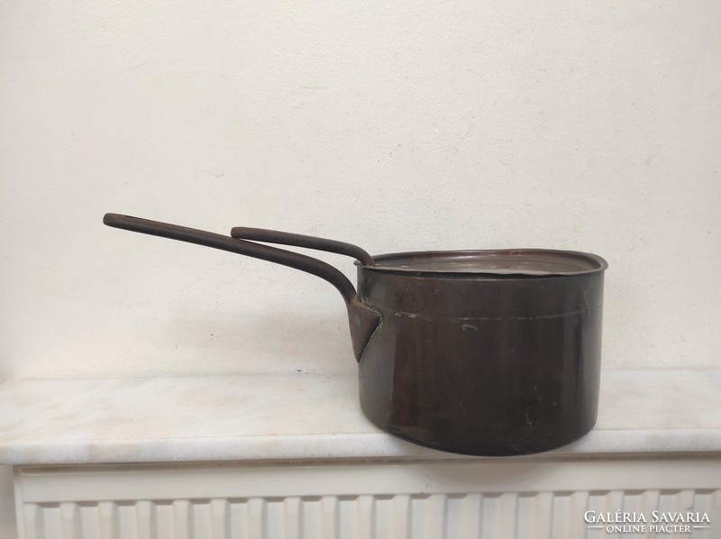 Antique kitchen tool red copper frying pan with heavy handle and iron handle with lid 606 7604